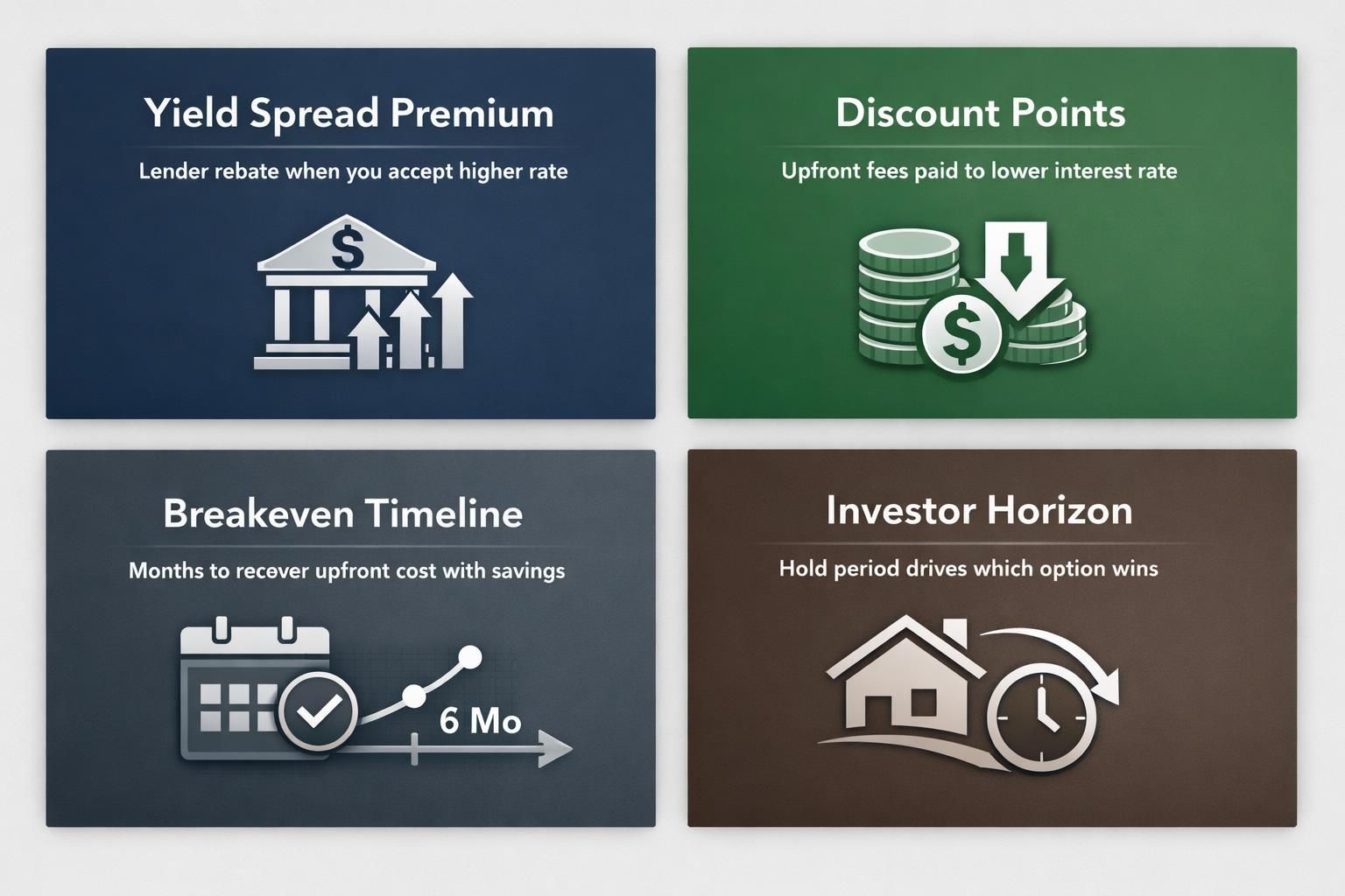 Explains yield spread premium versus discount points for DSCR investors, panels: Yield Spread, Discount Points, Breakeven, Investor Horizon