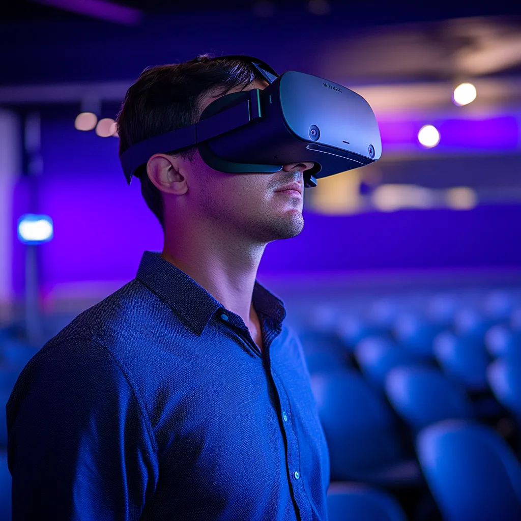 Man wearing a VR headset in a dimly lit auditorium with purple ambient lighting, engaging in a virtual reality experience