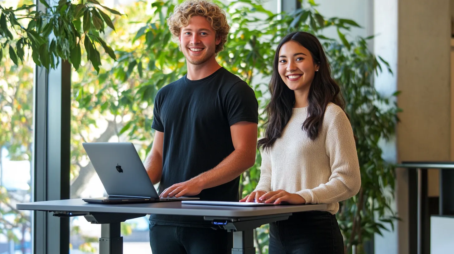 Two smiling young professionals standing at a height-adjustable desk with a laptop in a bright, modern office space filled with natural light and indoor plants.