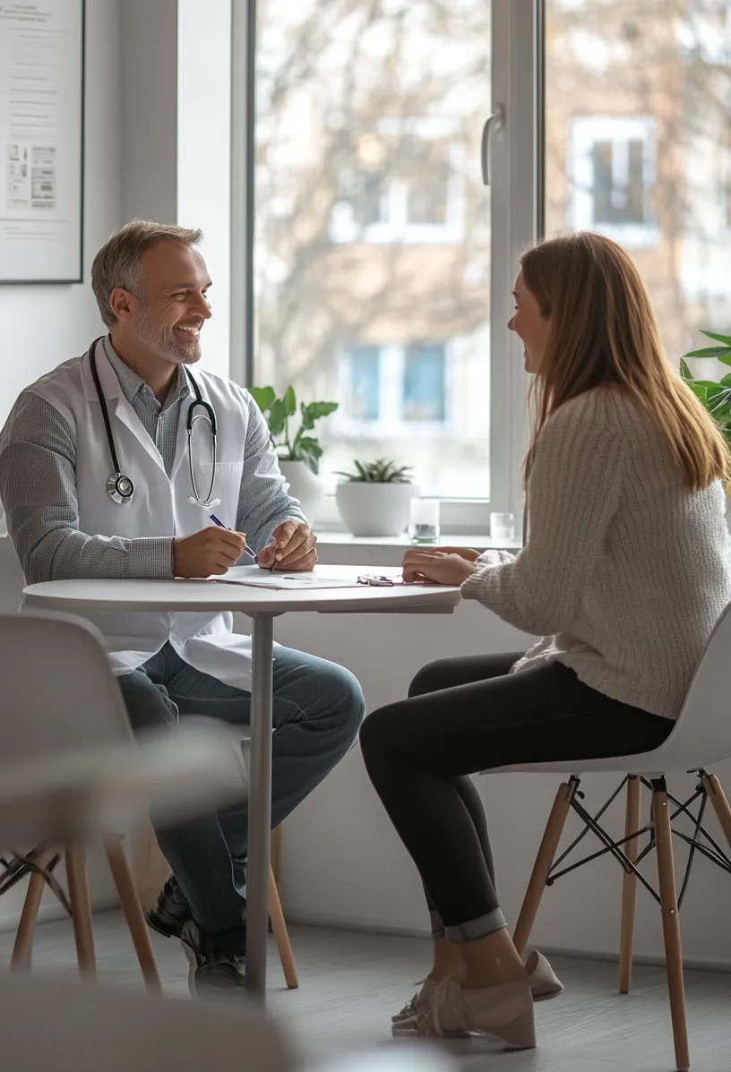 Smiling male doctor with a stethoscope talking with a female patient across a small table in a bright medical office, with large windows and potted plants in the background.
