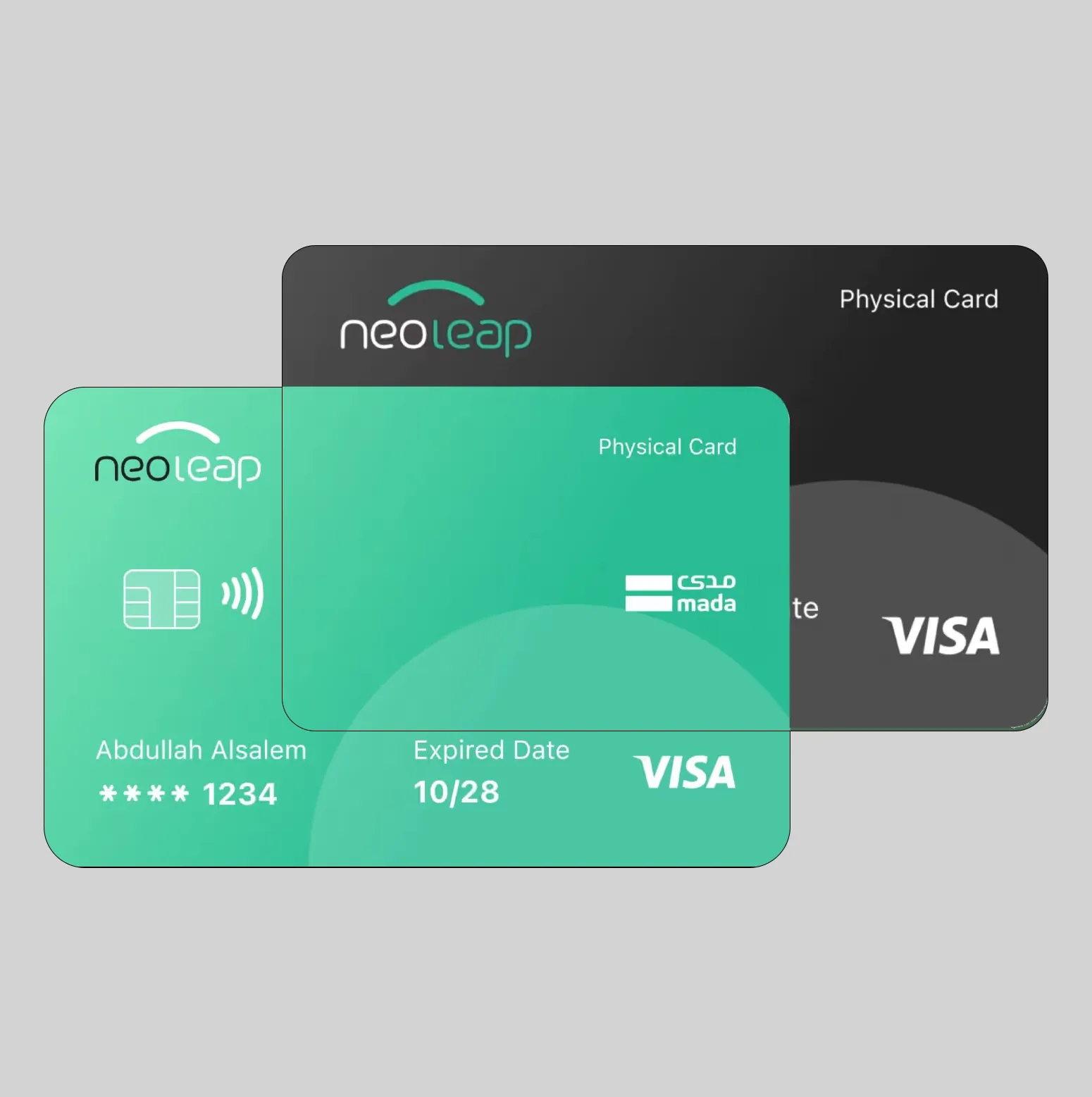 Two neoleap physical payment cards, one green and one black