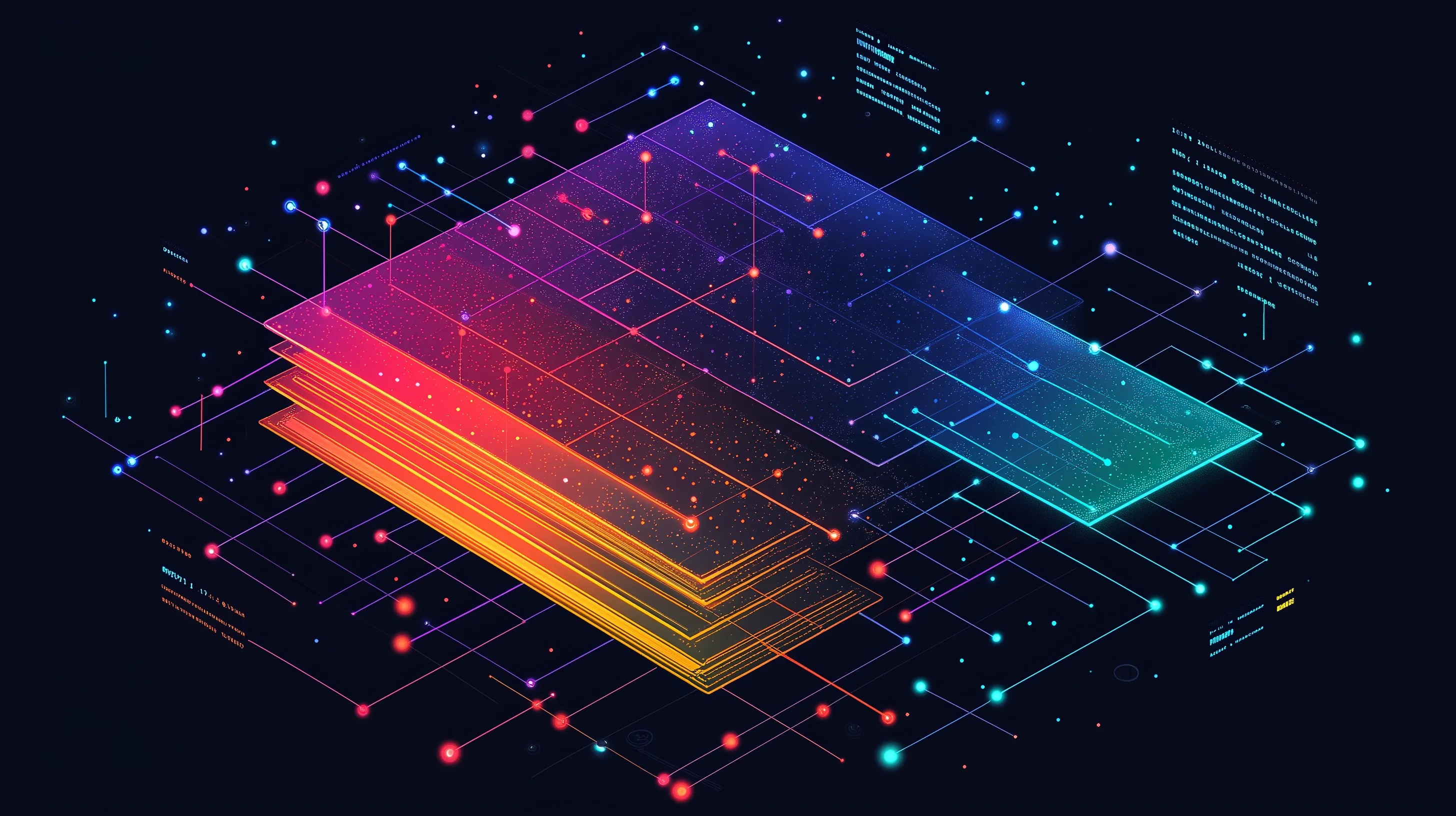 Futuristic digital visualization of layered data blocks interconnected by glowing lines and nodes, symbolizing multi-source data integration and advanced data infrastructure.