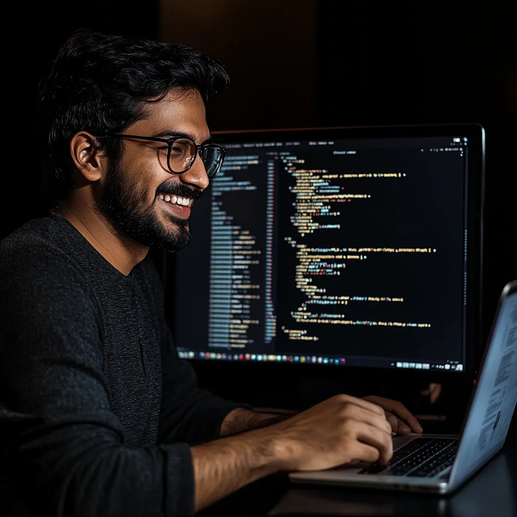 Smiling developer working on a laptop in a dimly lit room, with code visible on a large monitor behind him, suggesting backend development or data application work.