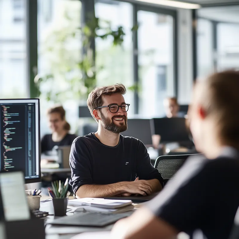 Smiling developer with glasses engaging in conversation with a colleague in a modern open office, with a computer monitor displaying code and blurred coworkers in the background