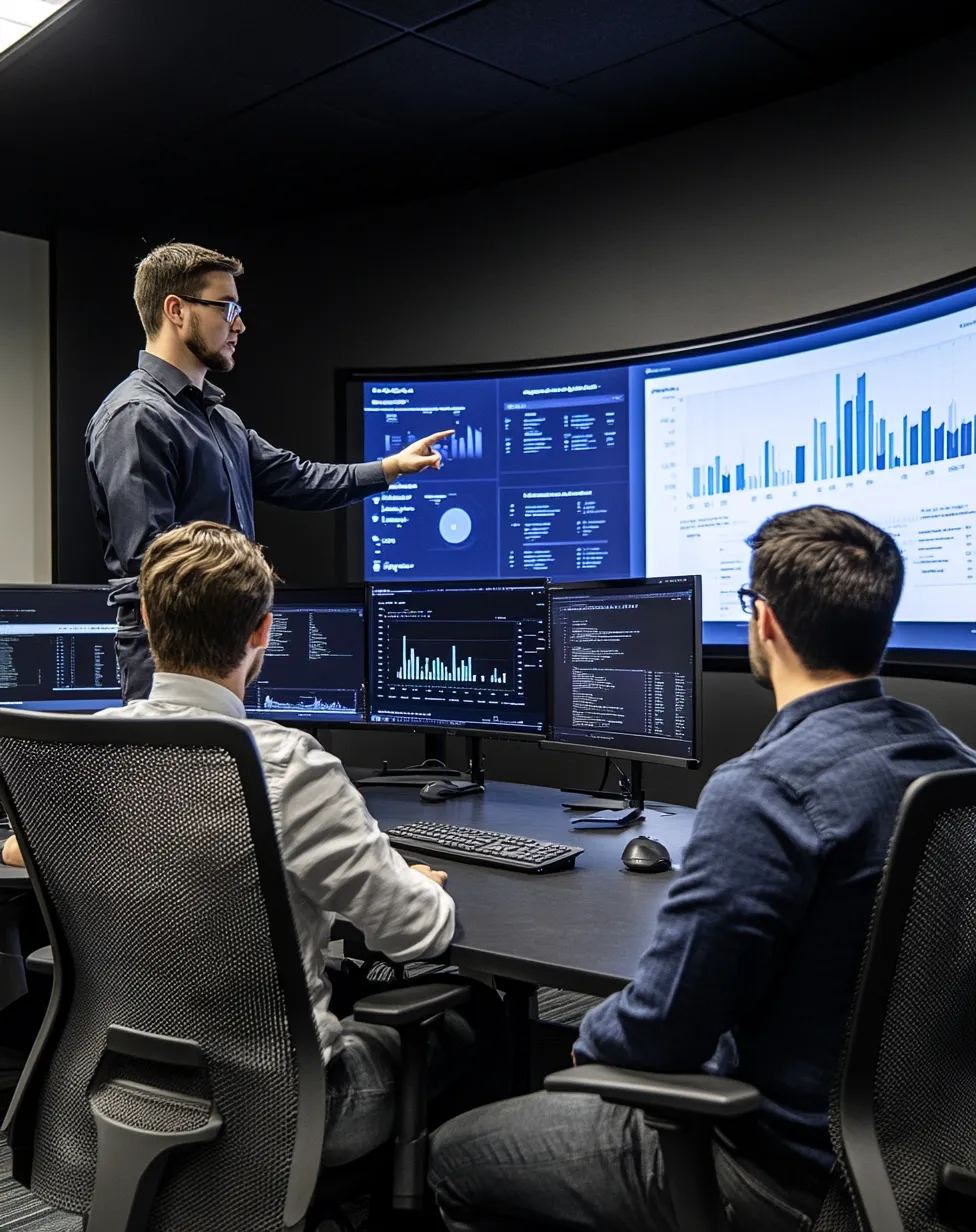 Three data analysts in a dark operations room analyzing dashboards and charts across multiple monitors. One man stands and points at a large wall-mounted display showing graphs and data visualizations, while two seated team members review related data on desktop screens.