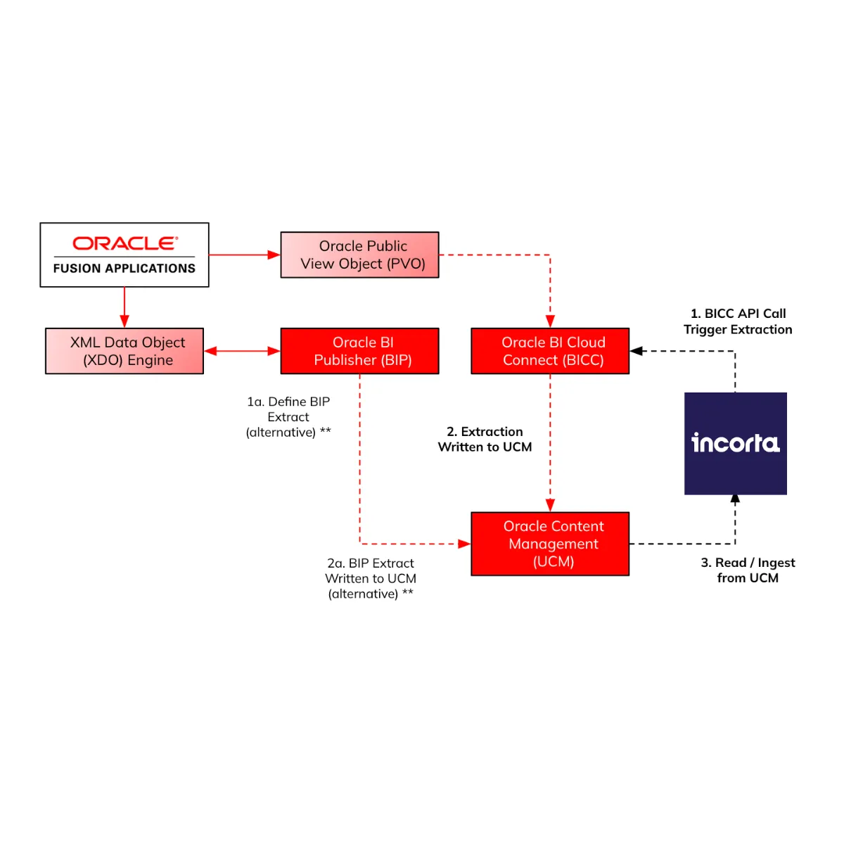 Data flow diagram showing how data is extracted from Oracle Fusion Applications into Incorta. The flow begins with Oracle Fusion Applications, using either Oracle Public View Objects (PVO) or XML Data Object (XDO) Engine to define a BIP Extract in Oracle BI Publisher (BIP). Data is extracted via Oracle BI Cloud Connect (BICC), written to Oracle Content Management (UCM), and finally read/ingested by Incorta. Alternative paths include BIP Extracts written directly to UCM.