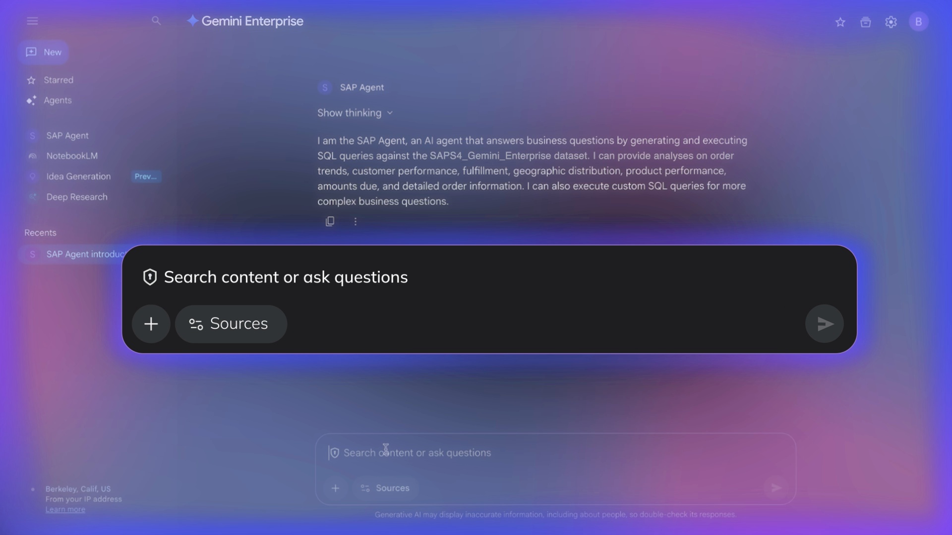 Gemini Enterprise interface showing an AI chat feature labeled SAP Agent that answers business questions using SQL queries, with a search bar prompting to 'Search content or ask questions'.