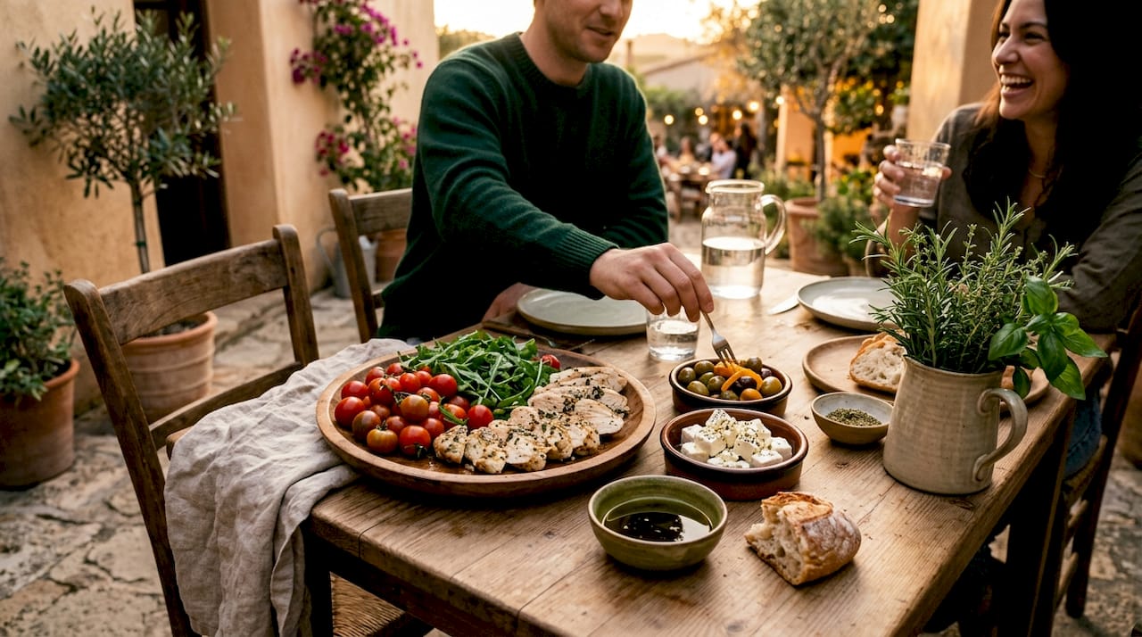 Close-up of Mediterranean diet food spread