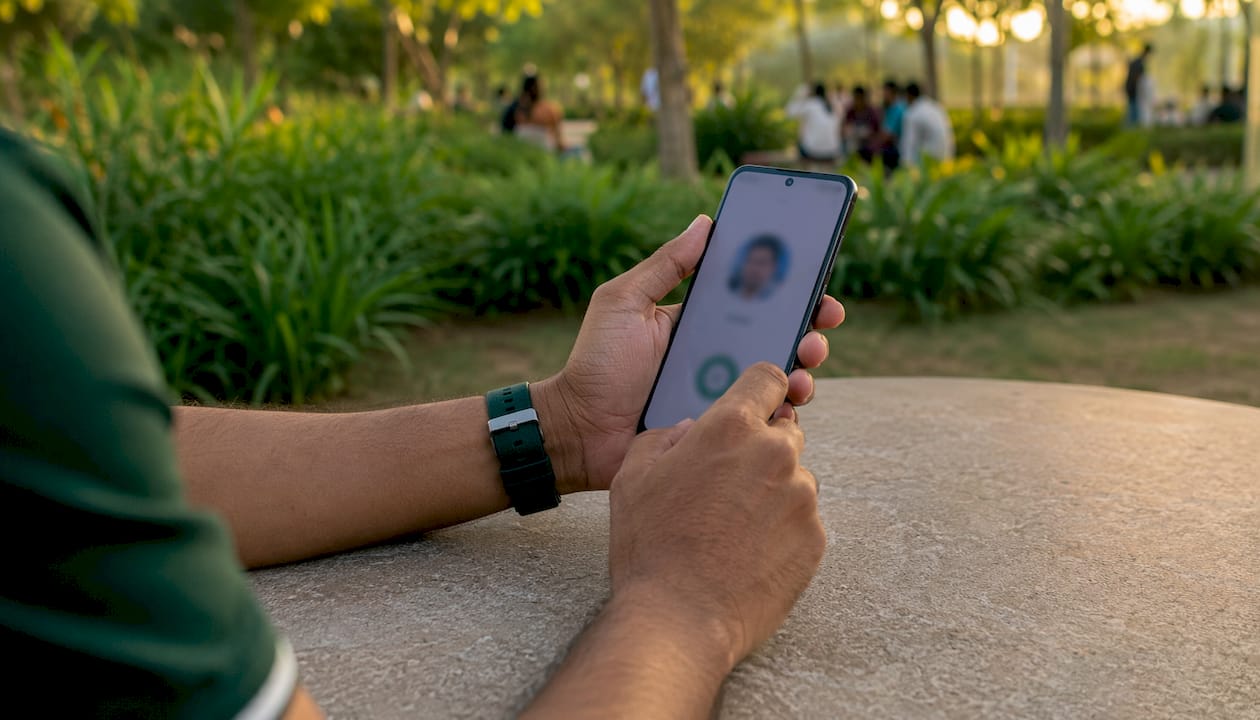 Close-up hands verifying telehealth provider on phone