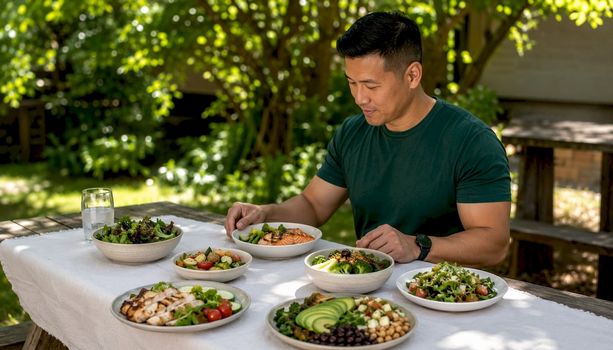 Hands arranging diverse healthy meal plates overhead view
