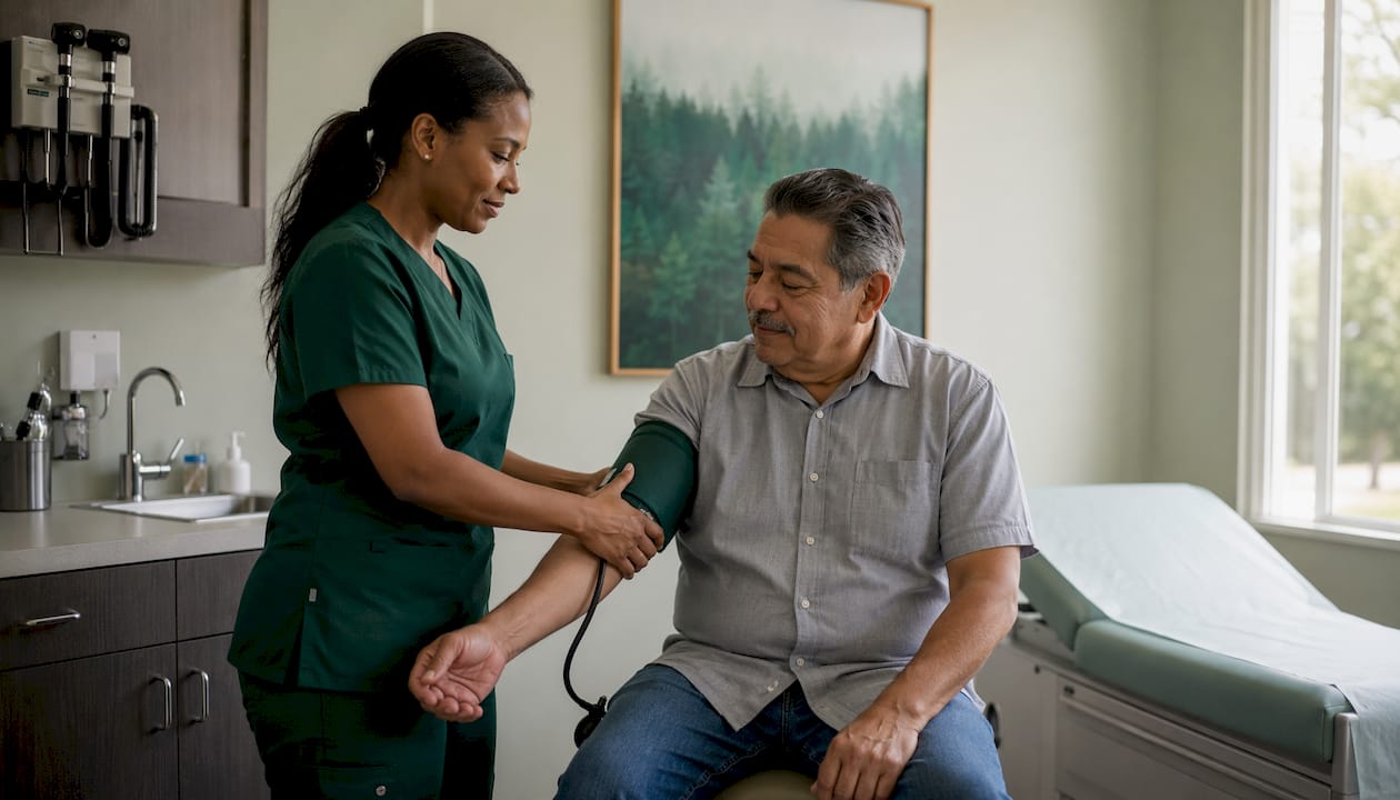 Nurse measuring patient's blood pressure during ED exam