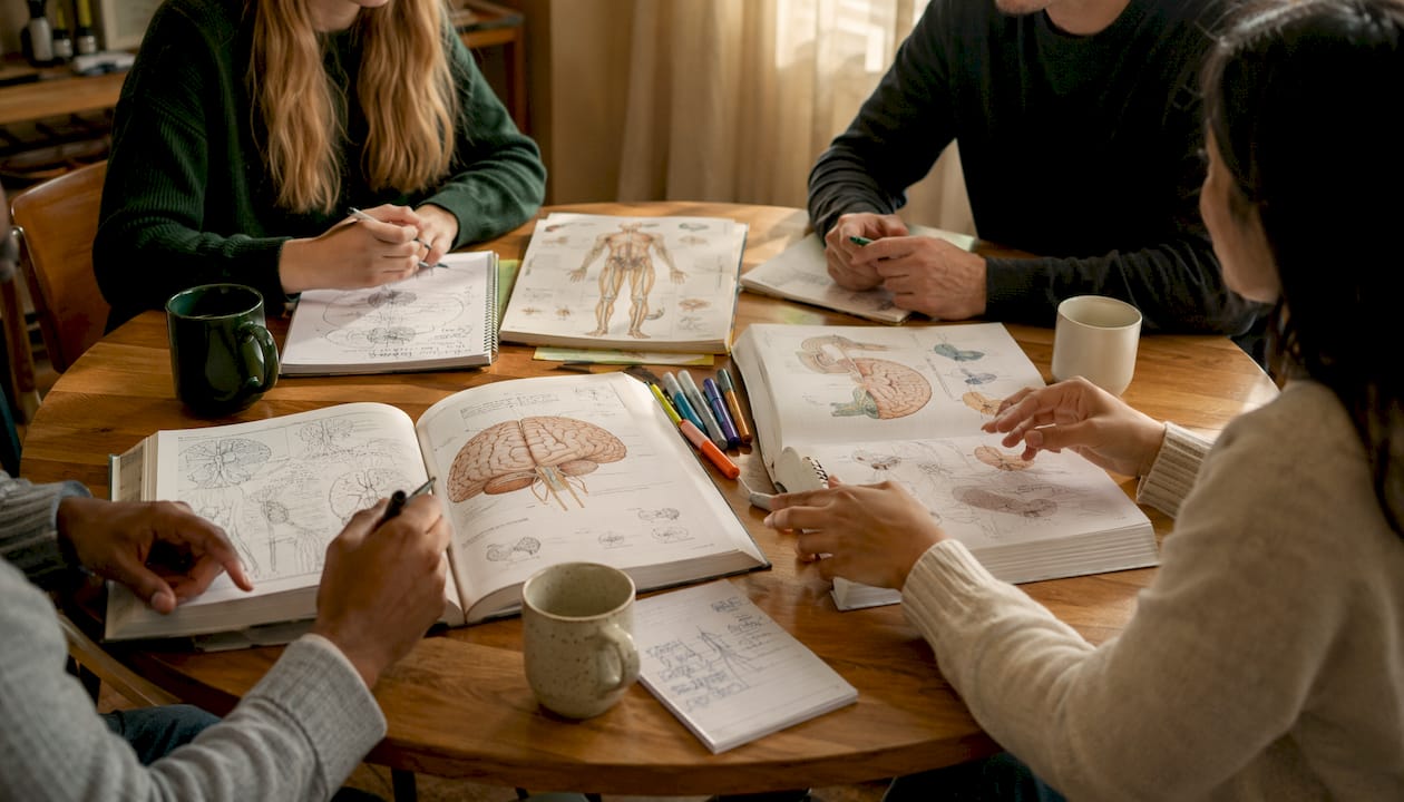 Overhead view of collaborative multidisciplinary team meeting