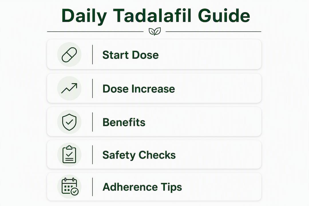 Infographic outlining daily tadalafil dosing and safety guide