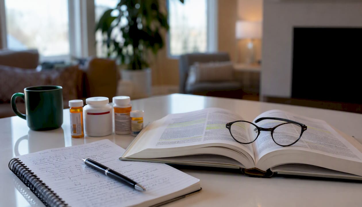 Desk with medication bottles and medical references