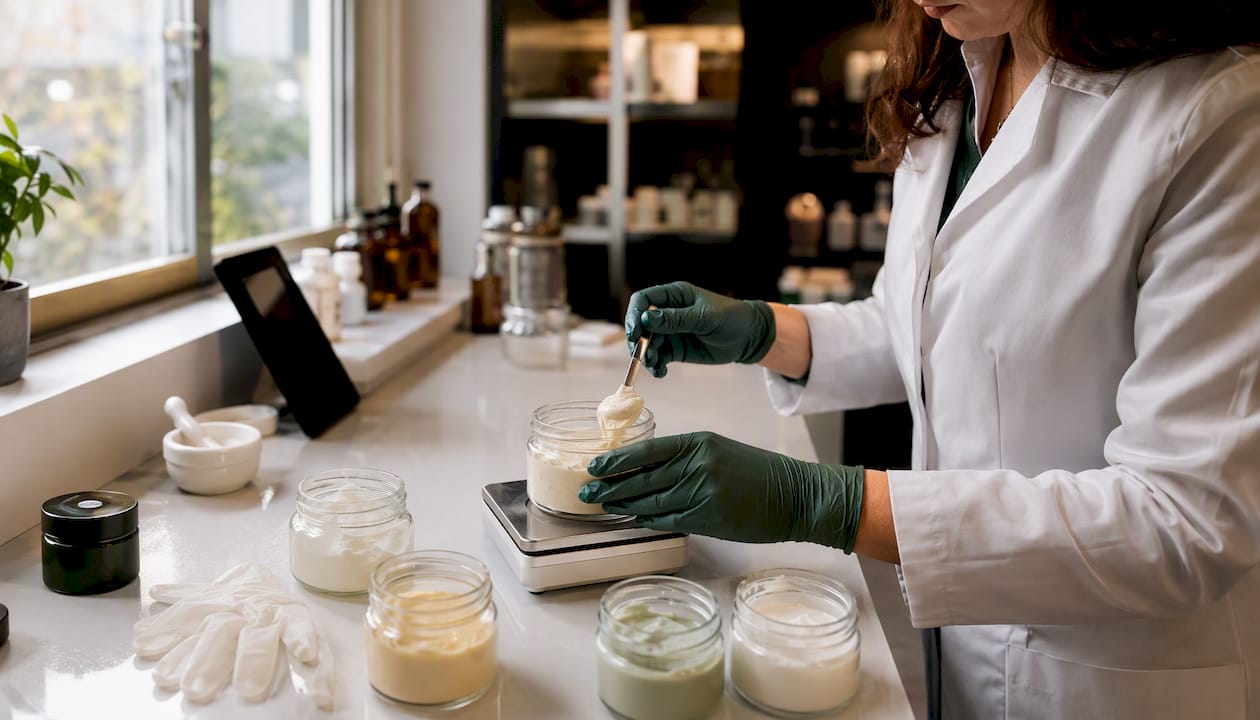 Hands mixing custom skincare cream in pharmacy