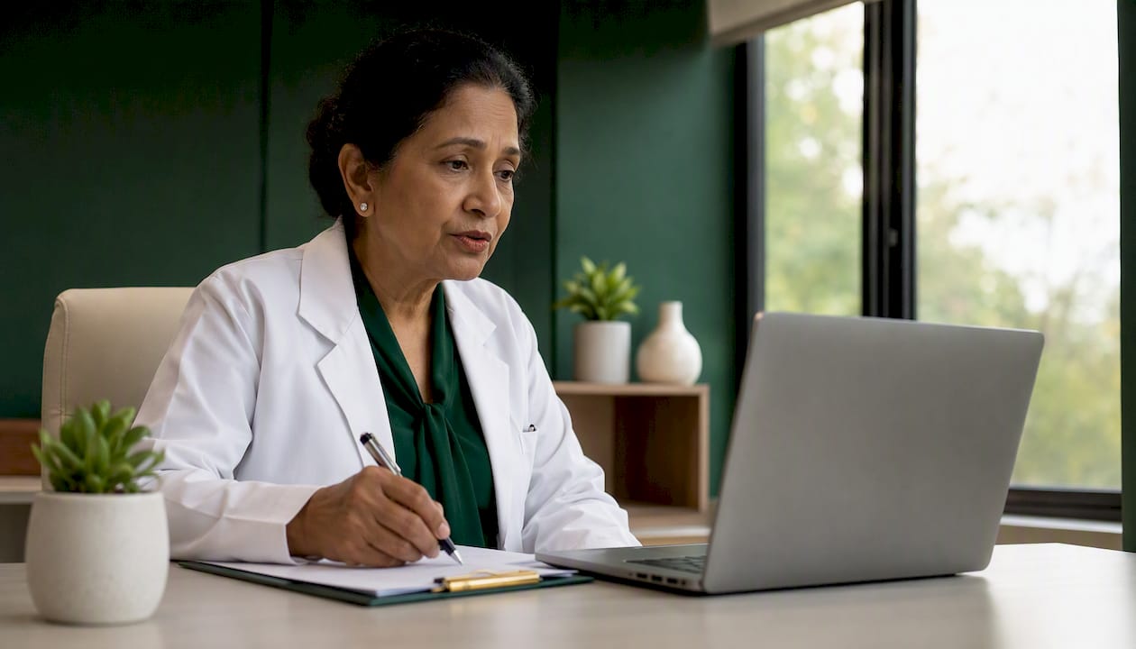 Dermatologist conducting telehealth video visit