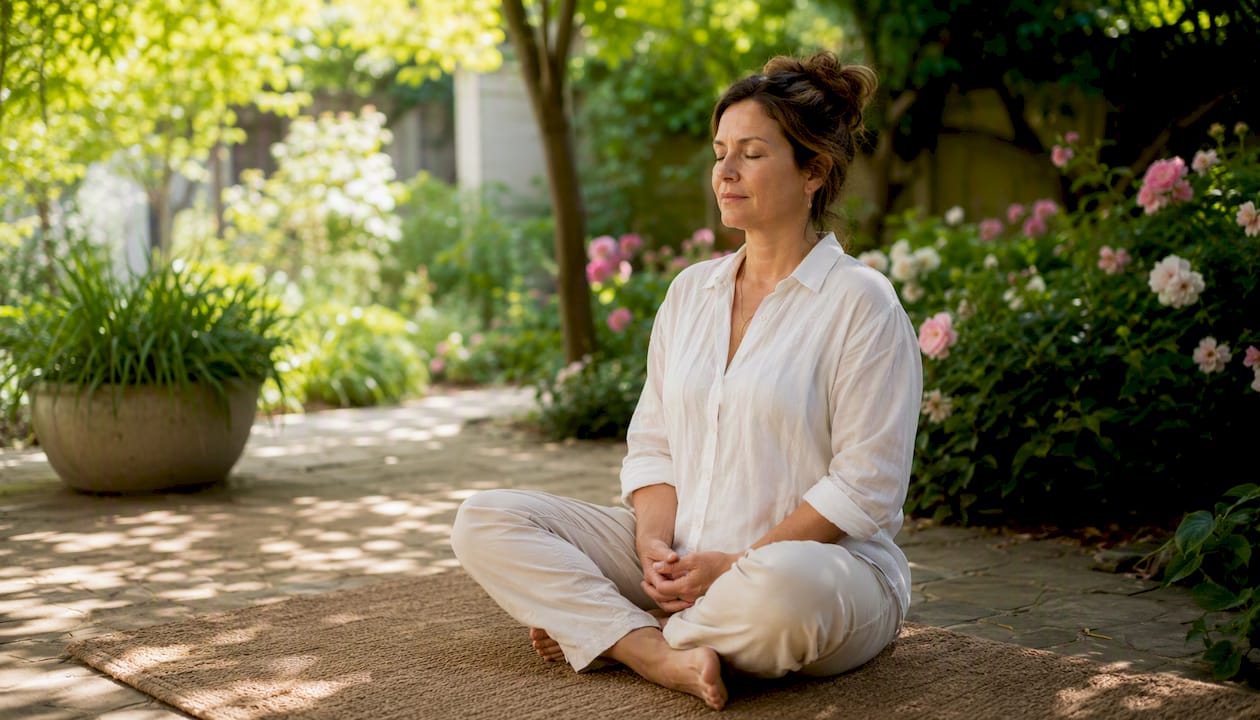 Woman practicing mindful breathing at home