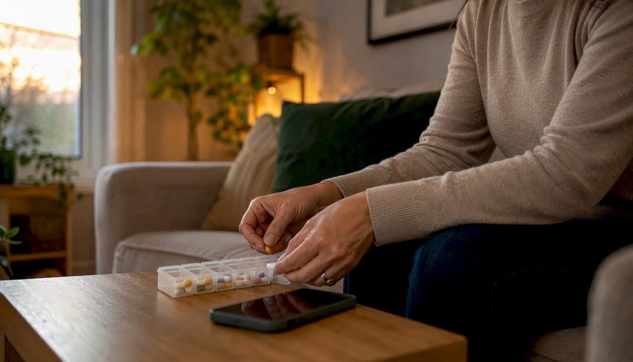 Hands holding pill organizer and phone for medication review