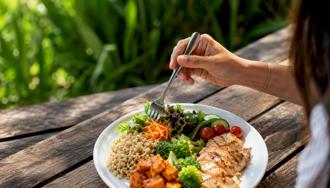 Portioned healthy meal on white plate
