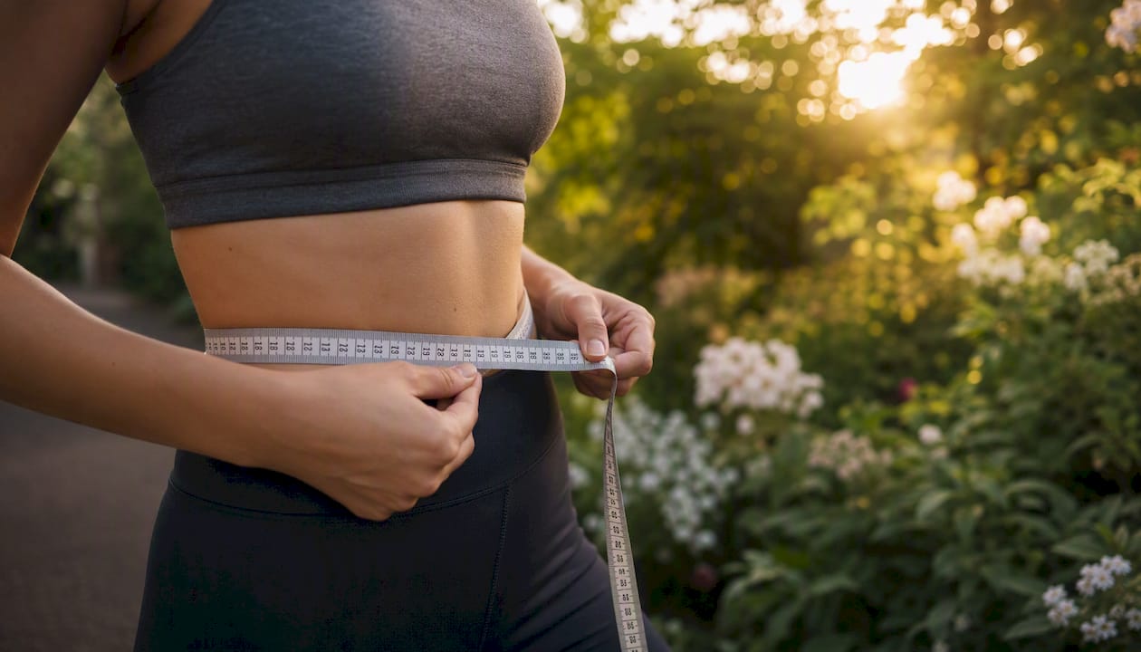 Hands measuring waist with tape measure