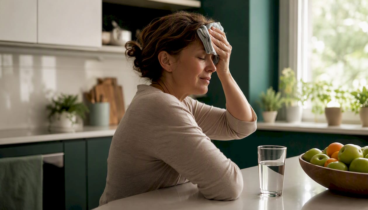 Woman cooling down from hot flash at home