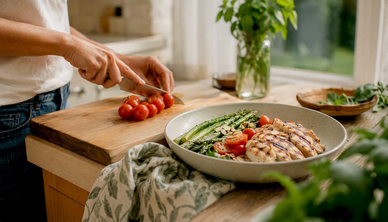 Hands preparing healthy meal with fats