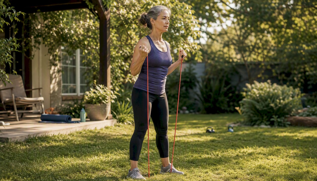 Midlife woman exercising with resistance bands