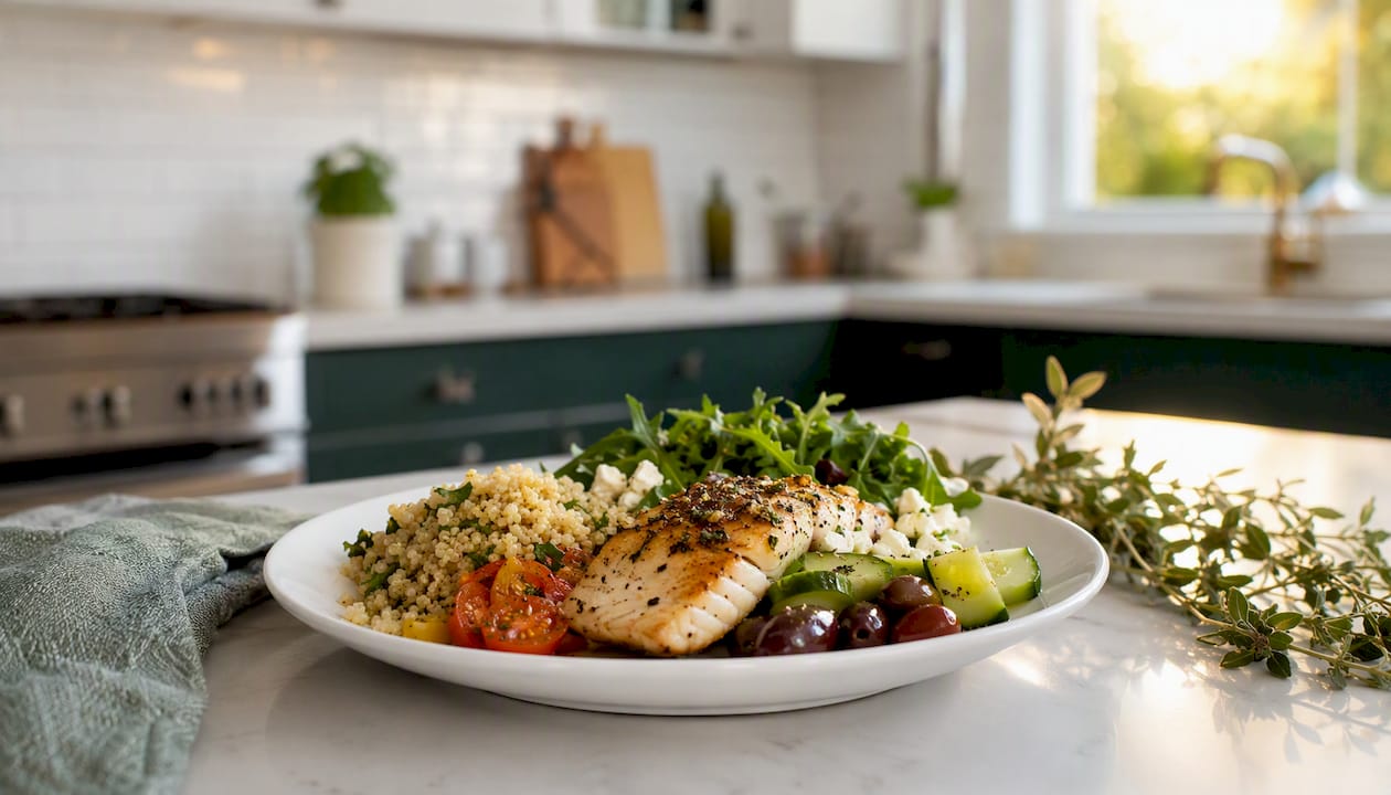 Colorful Mediterranean diet meal on table
