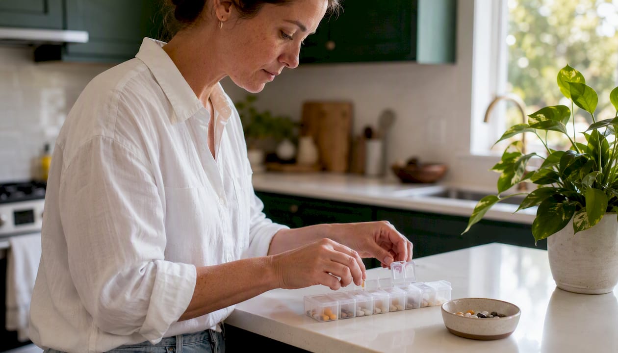 Hands filling weekly pill organizer schedule