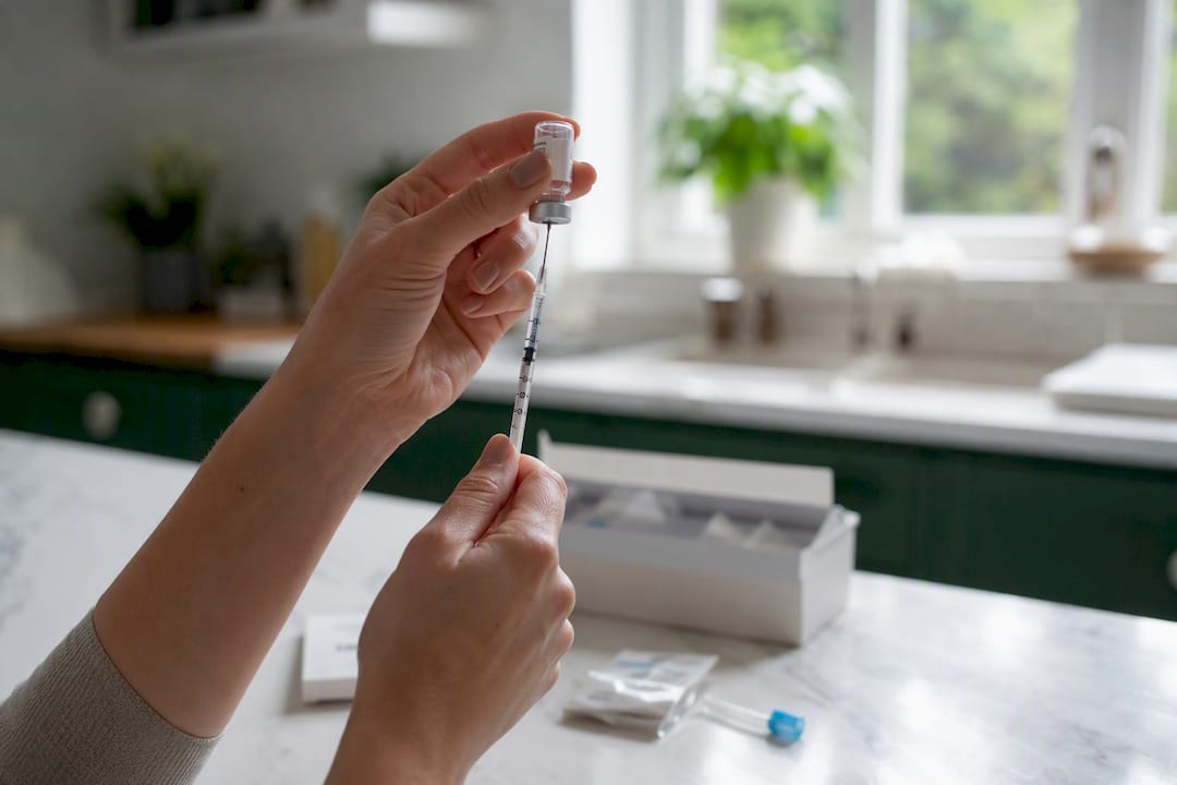 Hands drawing dose from medication vial