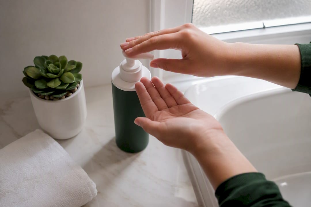 Gentle cleanser bottle on bathroom counter