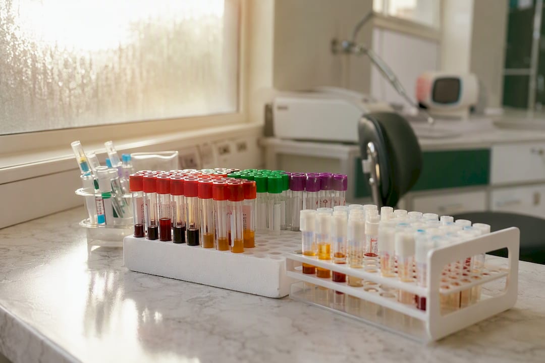 Close-up of kidney function test vials in clinic