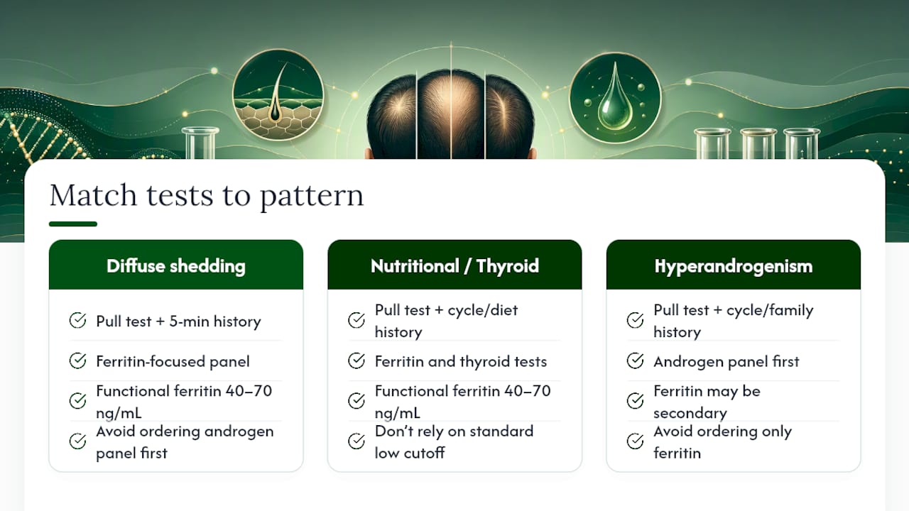 Hair loss patterns matched to testing pathways