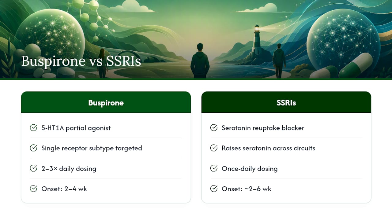 Buspirone and SSRI mechanism and timing comparison