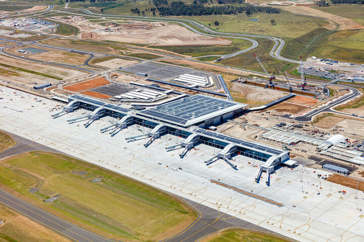 WSI Airport construction aerial view with runway and terminal progress