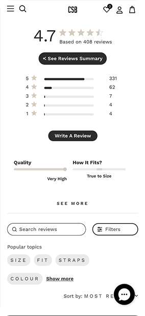 Product reviews summary showing 4.7-star average from 408 reviews with rating distribution bars, quality rated very high, and fit rated true to size.