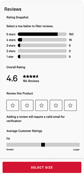 Product reviews summary showing 4.6 overall rating from 184 reviews with star distribution and size fit slider, plus a red 'Select Size' button.
