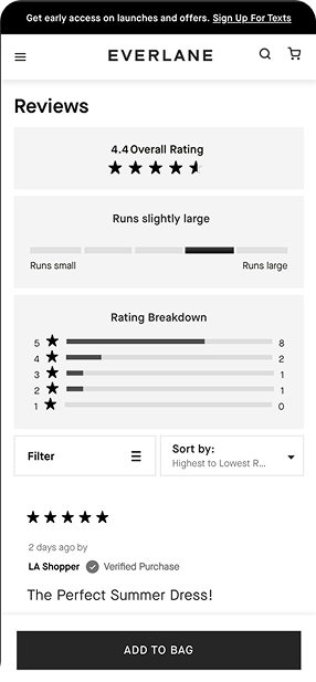 Product reviews for Everlane showing a 4.4 overall rating with stars, a size chart indicating runs slightly large, a rating breakdown, and a customer review titled The Perfect Summer Dress.