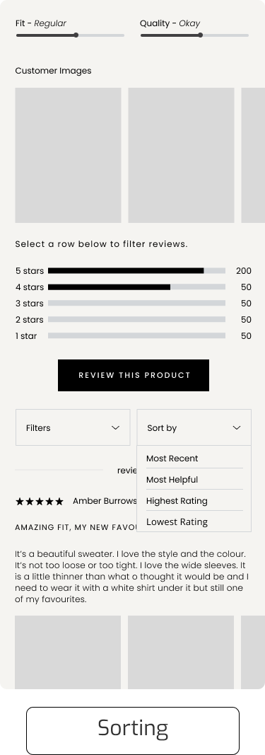 User interface for sorting and filtering product reviews with fit and quality sliders, customer images placeholders, star rating filters, review sorting dropdown, and a sample review with text.
