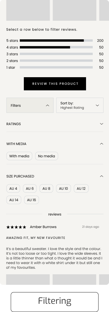 Product review filter with star ratings bars from 1 to 5, filter options for media and size, and a detailed 5-star customer review.