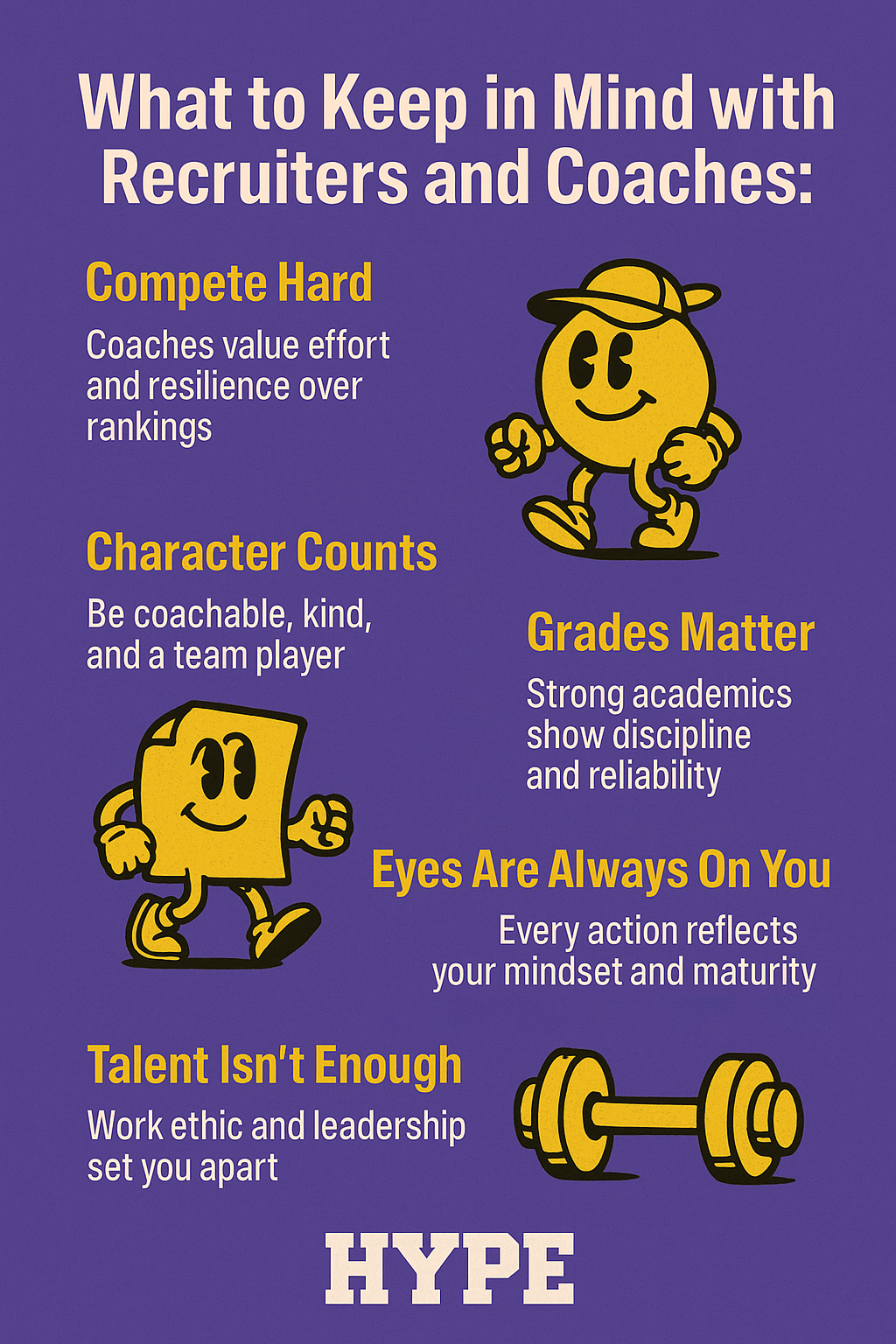 What to keep in mind with recruiters and coaches. Compete hard: coaches value effort and resilience over rankings. Character counts: Be coachable, kind, and a team player. Grades matter: Strong academics show discipline and reliability. Eyes are always on you: Every action reflects your mindset and maturity. Talent isn't enough: Work ethic and leadership set you apart.
