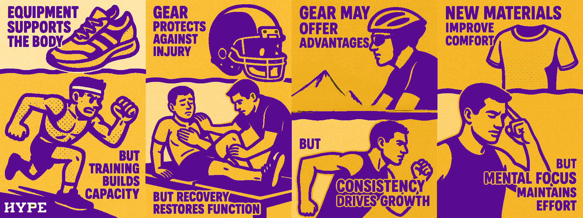 The relationship between gear, training, and mindset includes: Equipment supports the body, but training builds capacity. Gear protects against injury, but recovery restores function. Gear may offer advantages, but consistency drives growth. New materials improve comfort, but mental focus maintains effort.