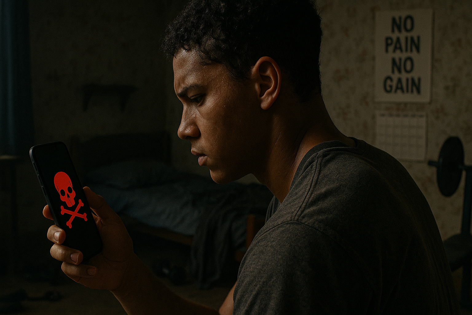 A teen athlete looks at his phone in his bedroom. The phone features a red skull and crossbones.