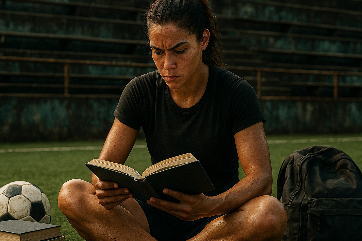 A female student athlete studies a textbook on a soccer field.