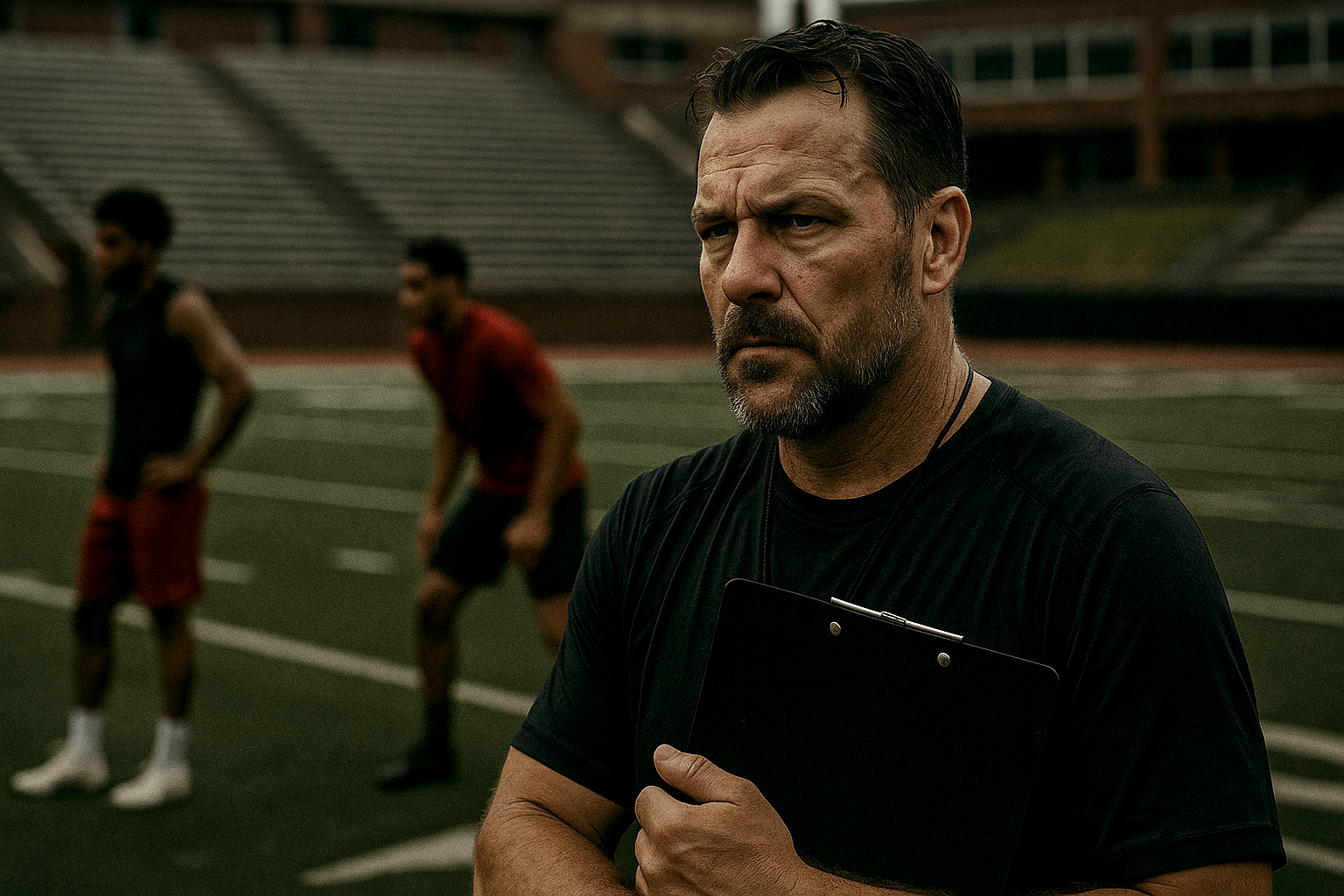 A coach evaluates athletes on a field.