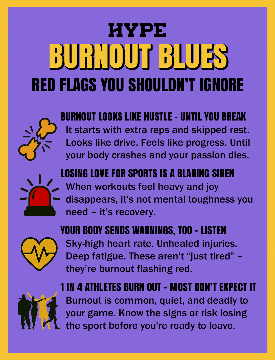 What burnout is and warning signs athletes should heed. Burnout looks like hustle – until you break. It starts with extra reps and skipped rest. Looks like drive. Feels like progress. Until your body crashes and your passion dies. Losing love for sports is a blaring siren. When workouts feel heavy and joy disappears, it’s not mental toughness you need – it’s recovery. Your body sends warnings, too – listen. Sky-high heart rate. Unhealed injuries. Deep fatigue. These aren't “just tired” – they’re burnout flashing red. 1 in 4 athletes burn out – most don’t expect it. Burnout is common, quiet, and deadly to your game. Know the signs or risk losing the sport before you're ready to leave.