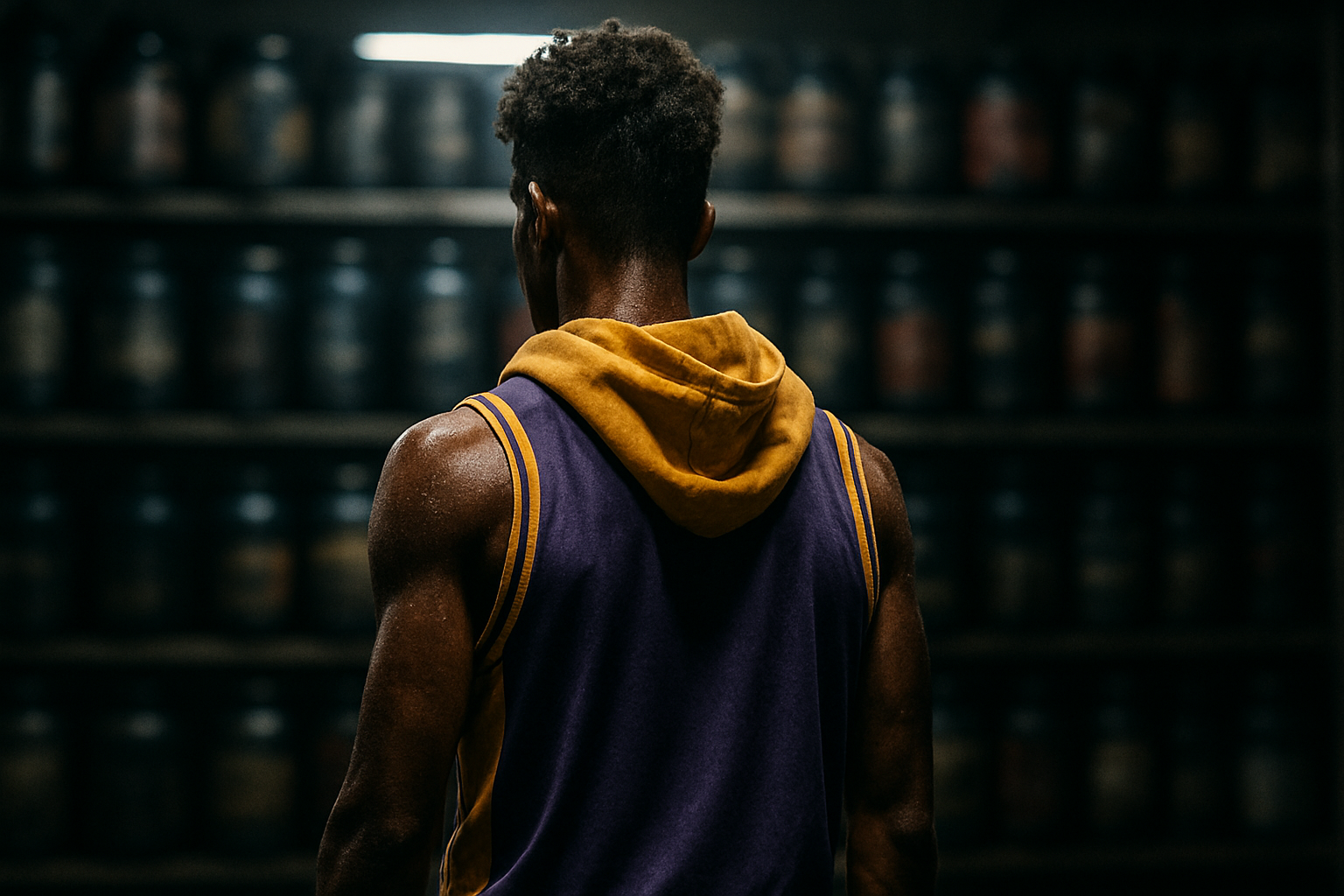 An athlete looks at a shelf full of supplements at the store.