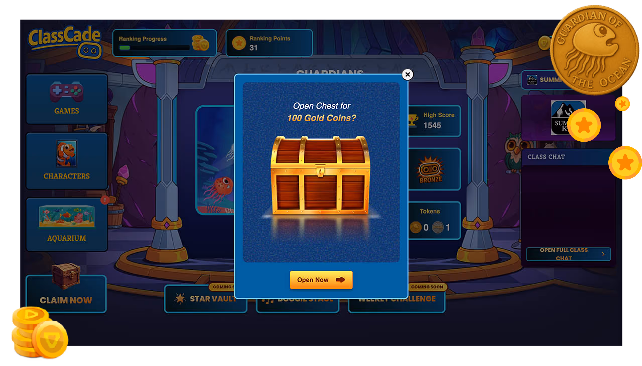 Game screen asking to open a chest for 100 gold coins with an orange button labeled Open Now.