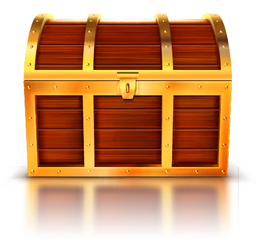 Closed wooden chest with gold metal bands and keyhole lock, reflecting on a shiny surface.