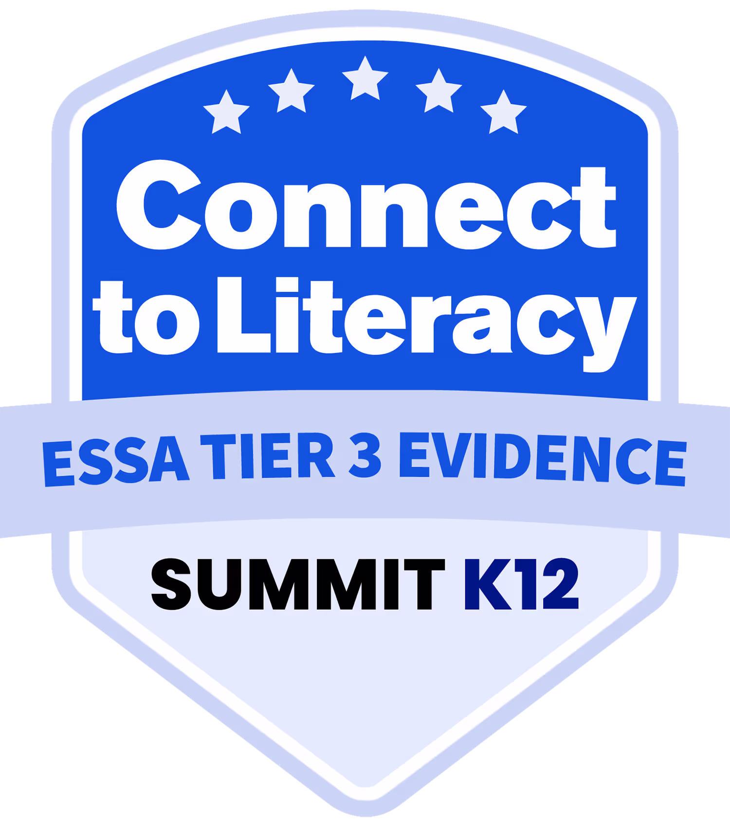Badge with text 'Connect to Literacy, ESSA Tier 3 Evidence, Summit K12' in blue and black letters.